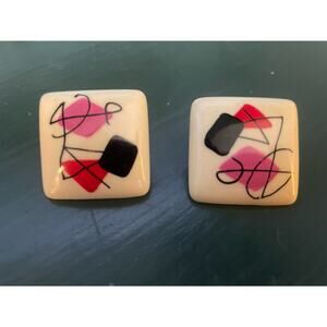 Vintage Painted Abstract Square Stud Costume Earrings 80s Jewelry